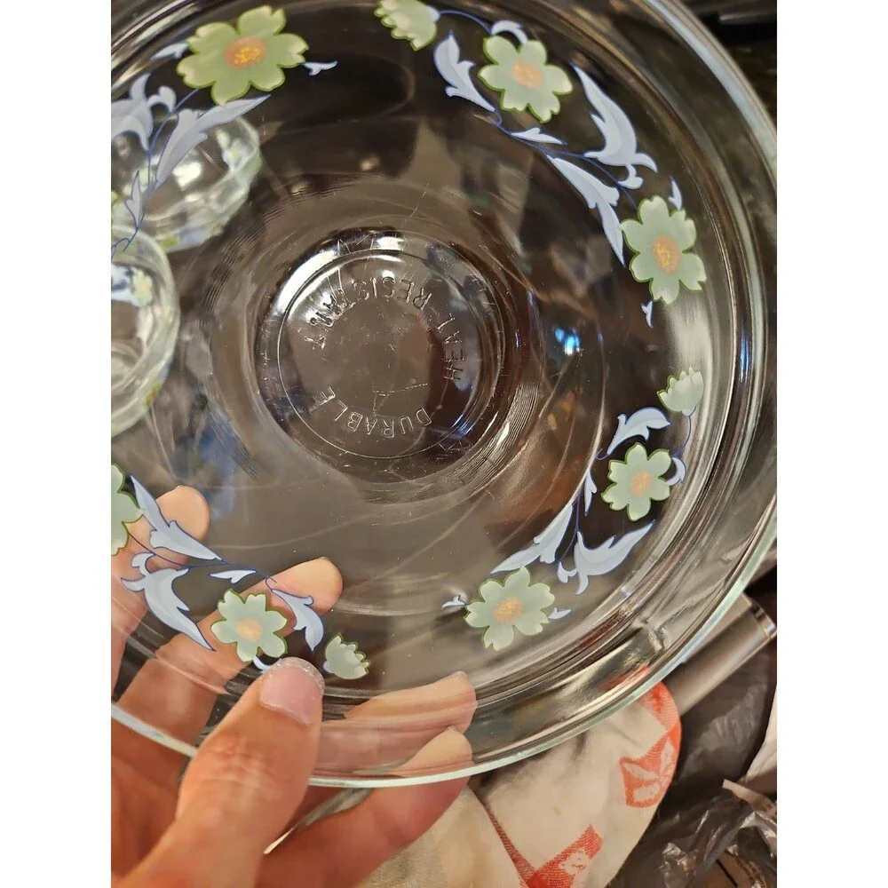 Set Of 4 Imperial Glass Green Sunflower Blue Leaves Nesting Bowls EUC
